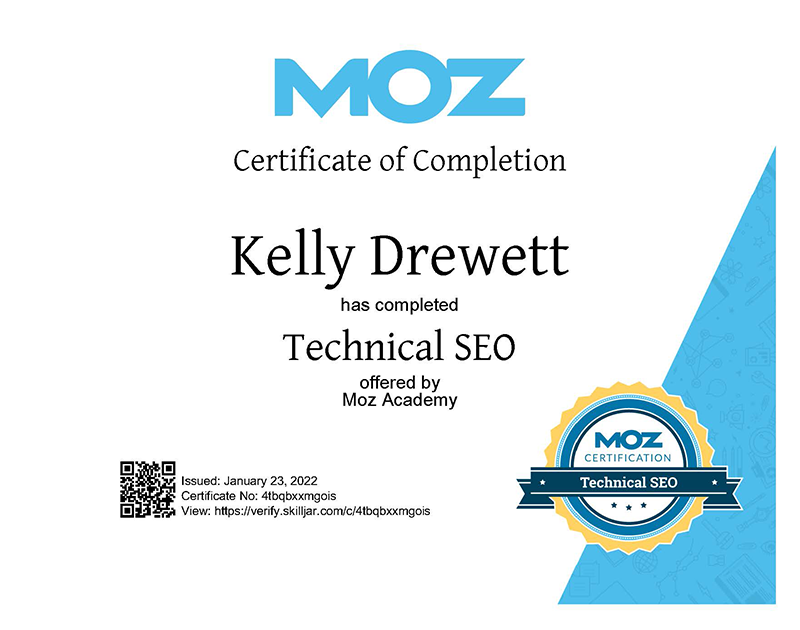 MOZ Technical SEO Certificate of Completion for Kelly Drewett